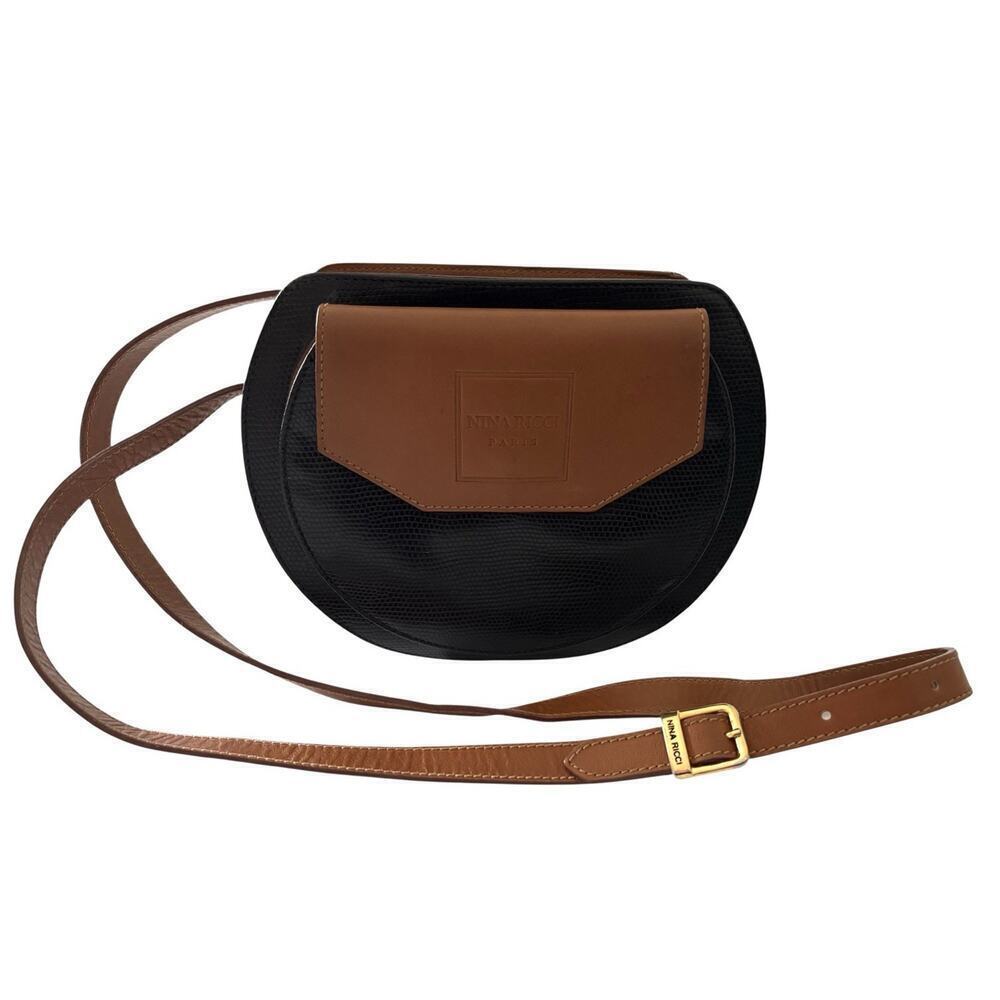 Nina Ricci Satchel Crossbody Bag Leather Lizard Black Tan Made in Italy Vintage